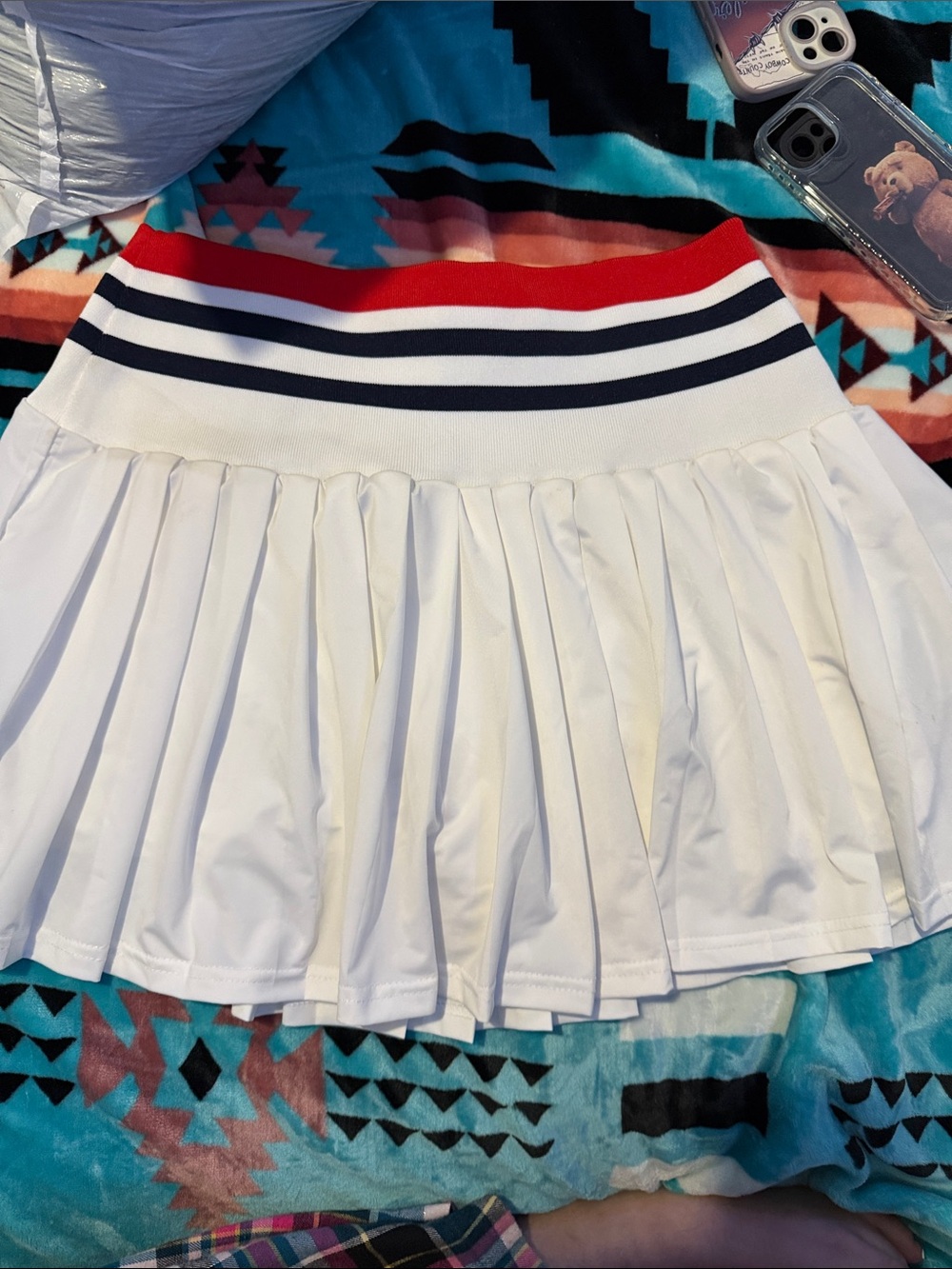 White Pleated Tennis Skirt with Red & Navy Stripe Waistband